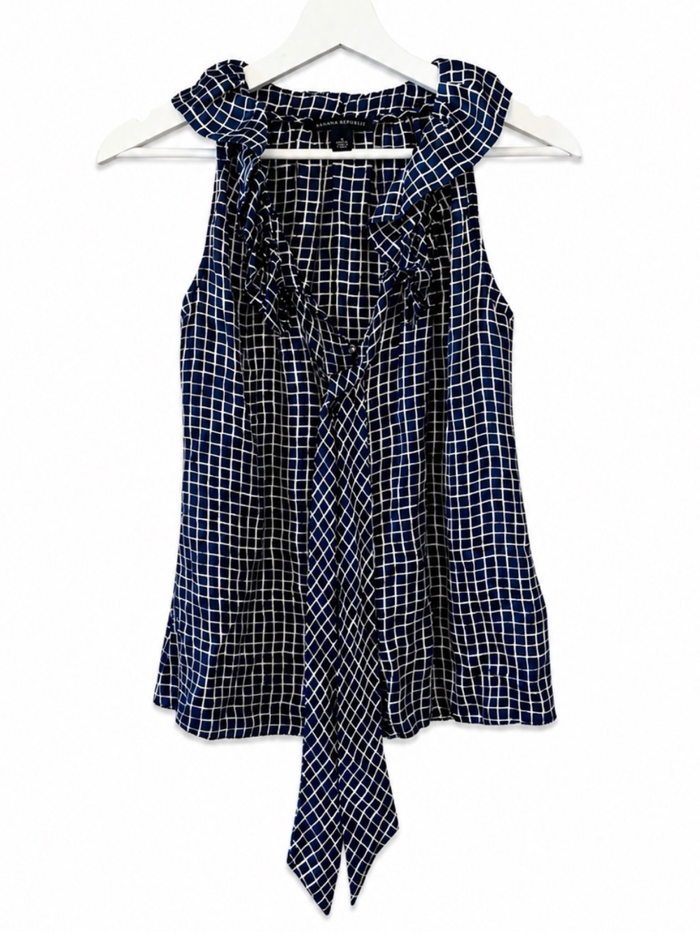 Banana Republic 100%Silk Navy and White Grid Tie-Neck Button Sleeveless Blouse S